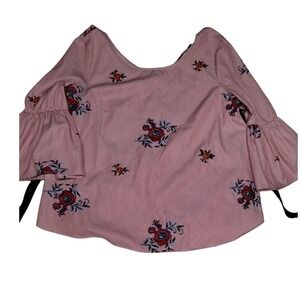 Nine West Floral Embroidered Striped Peasant Blouse Bell Sleeve Open Back Medium
